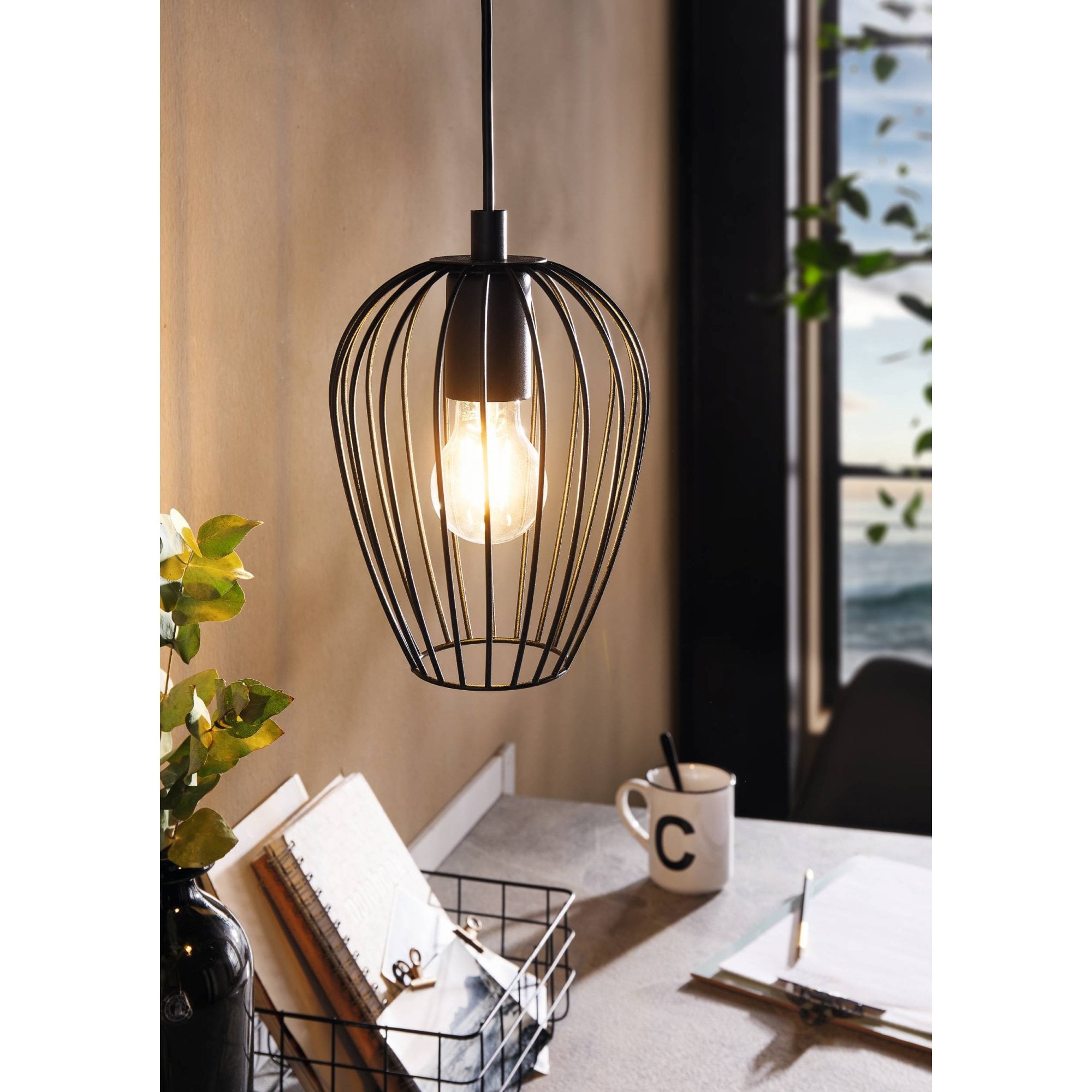 49477 Newtown 1-Light Vintage Caged Hanging Pendant Light In Black