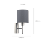 94926 Pasteri 1-Light Grey Fabric Wall Lamp