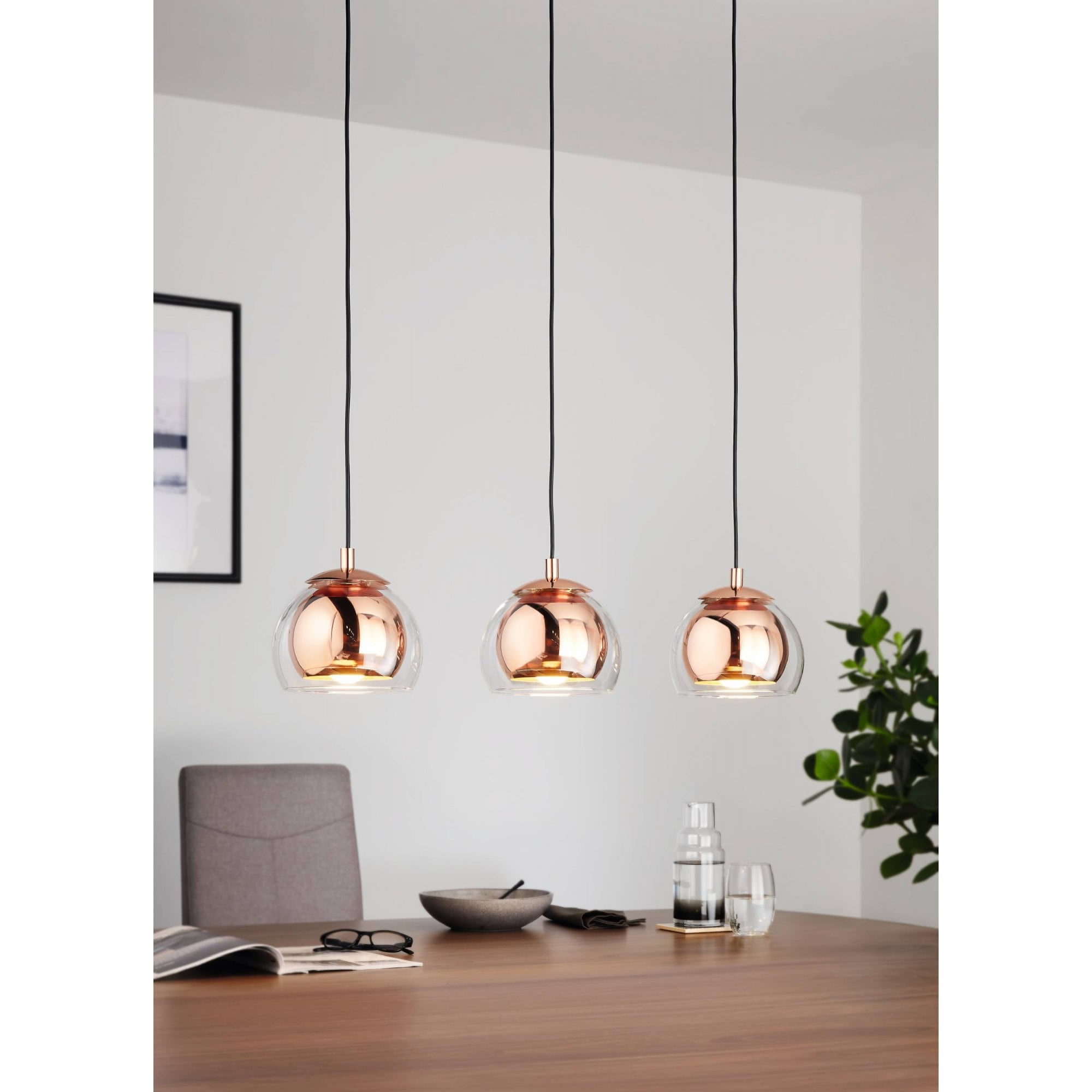 94591 Rocamar 3-Light Copper Pendant With Outer Glass Shades