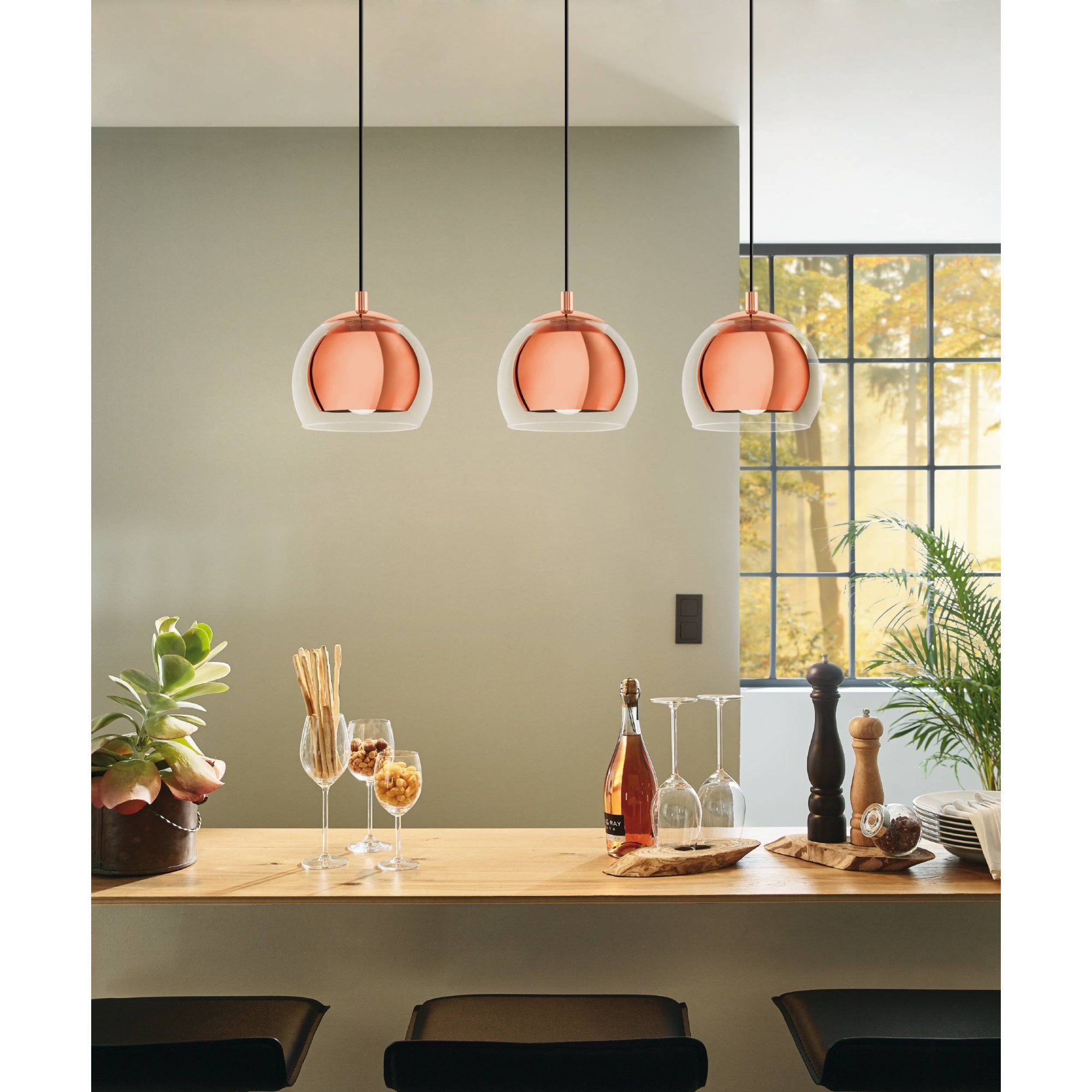 94591 Rocamar 3-Light Copper Pendant With Outer Glass Shades