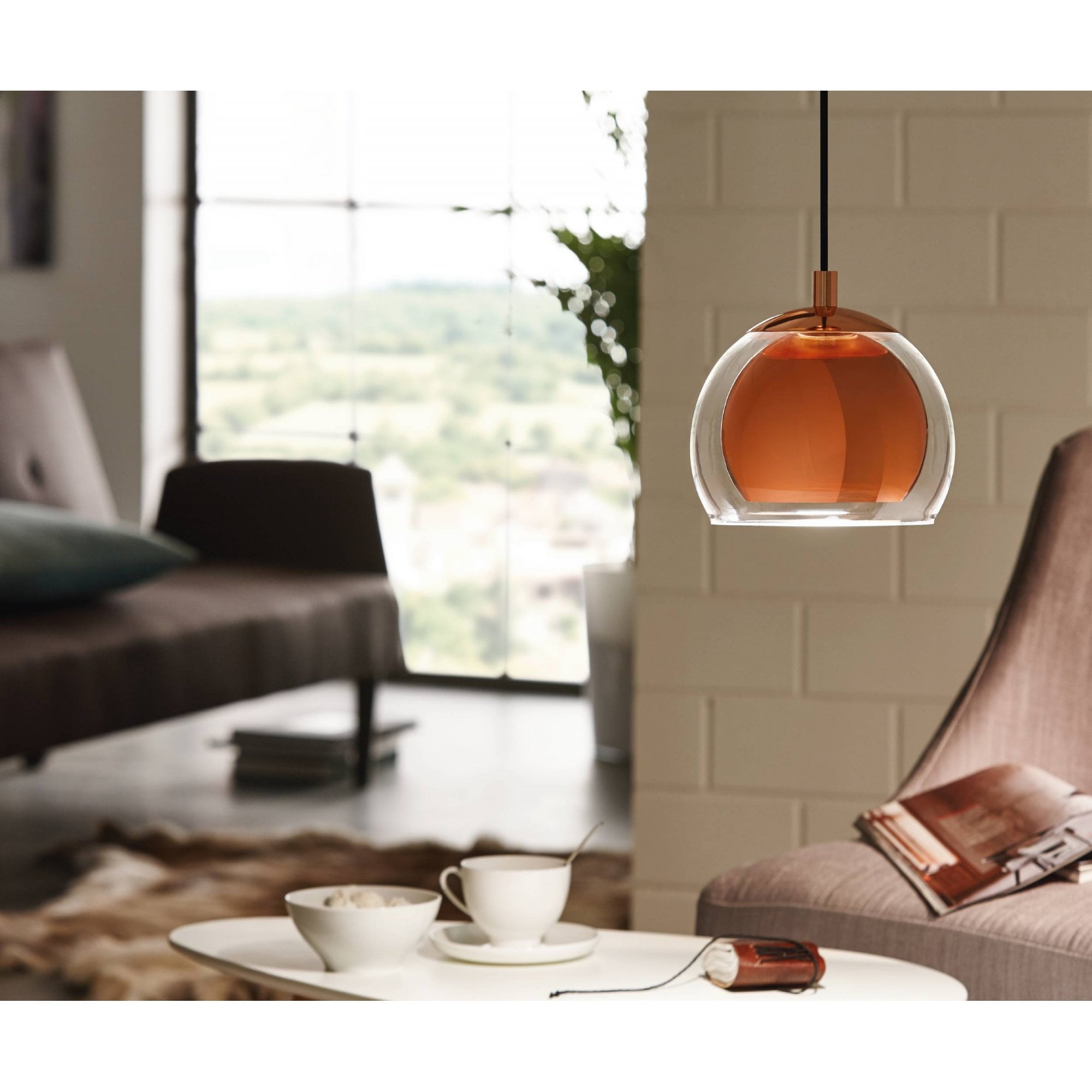 94589 Rocamar 1-Light Copper Hanging Pendant Light With An Outer Glass Shade