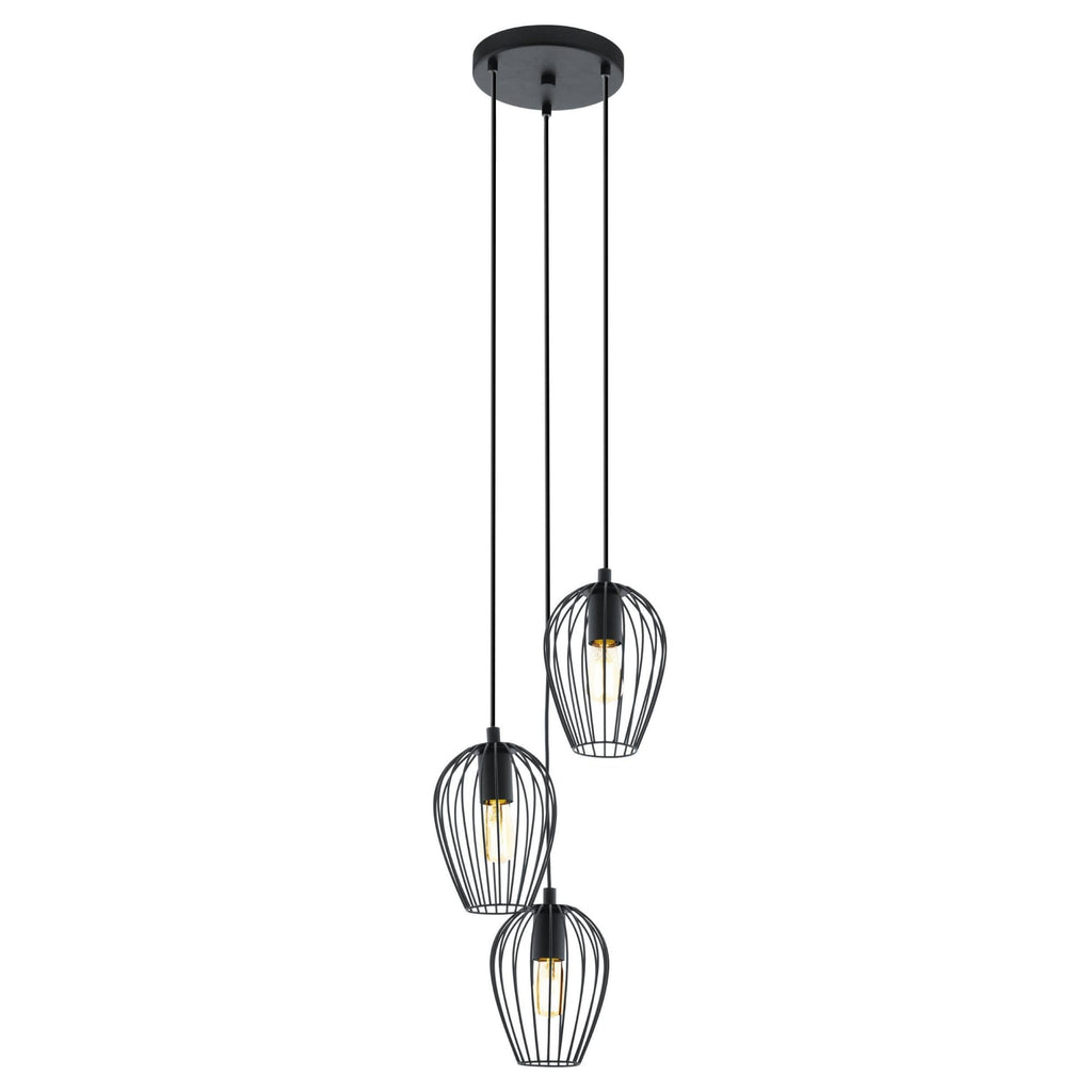 49479 Newtown 3-Light Vintage Cluster Pendant With Black Caged Shades