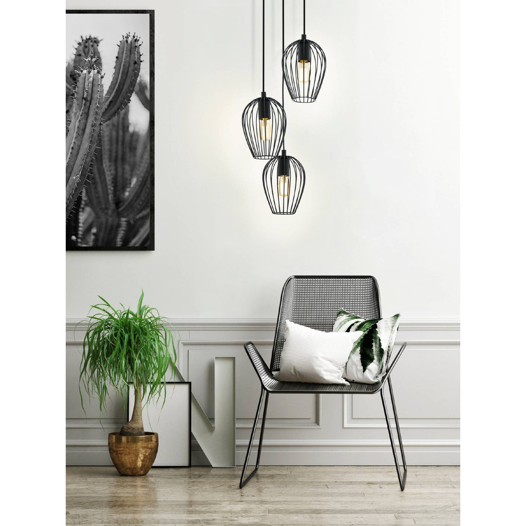 49479 Newtown 3-Light Vintage Cluster Pendant With Black Caged Shades