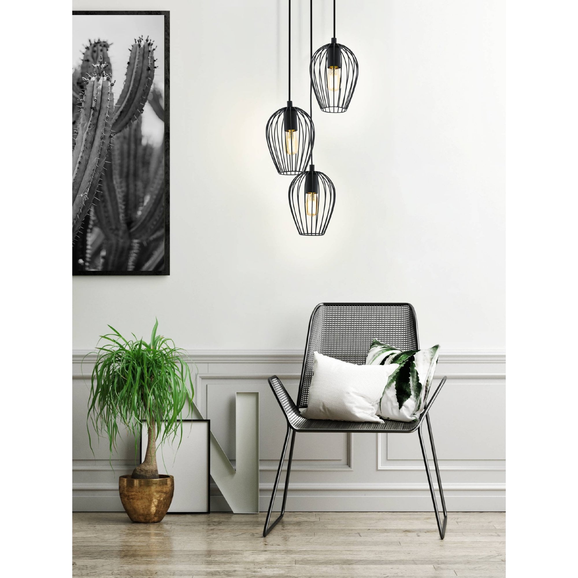 49479 Newtown 3-Light Vintage Cluster Pendant With Black Caged Shades