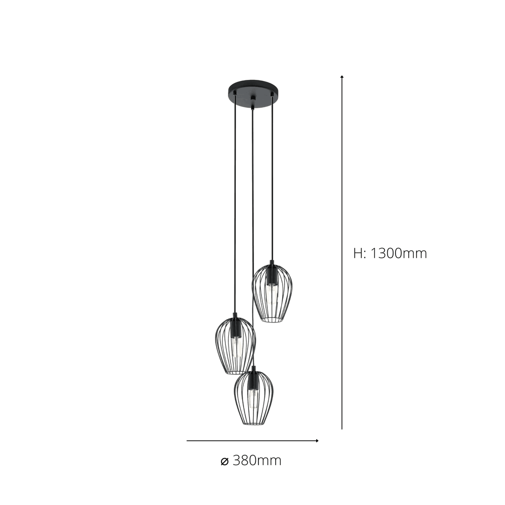 49479 Newtown 3-Light Vintage Cluster Pendant With Black Caged Shades