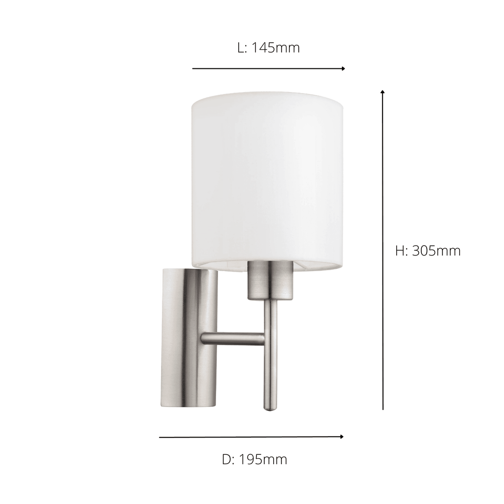 94924 Pasteri Satin Nickel/White Fabric Wall Light With Switch