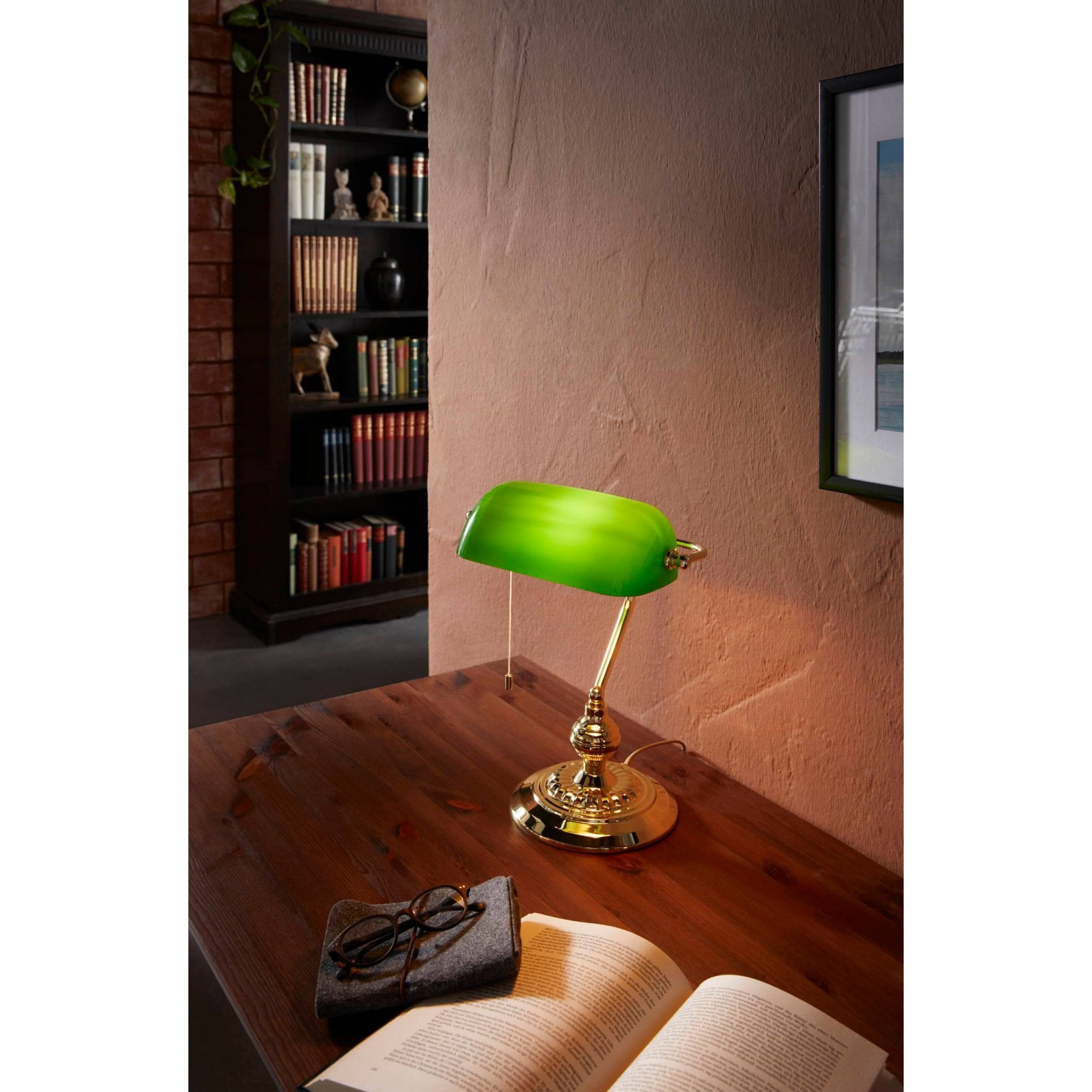 90967 Banker 1-Light Brass And Green Glass Banker Table Lamp