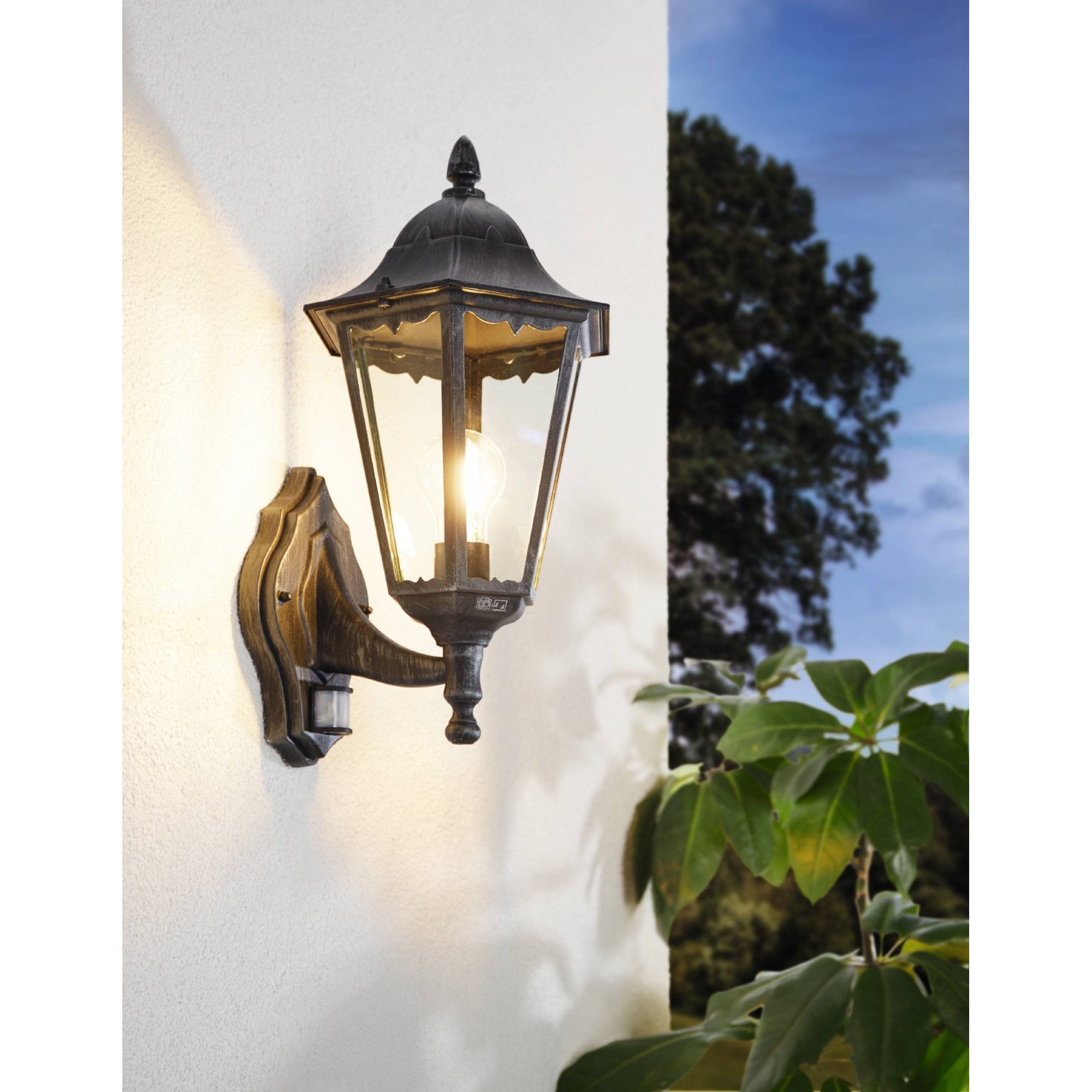 93458 Navedo 1-Light Traditional Black And Silver Exterior Wall Lamp With Sensor