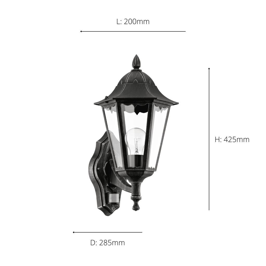 93458 Navedo 1-Light Traditional Black And Silver Exterior Wall Lamp With Sensor