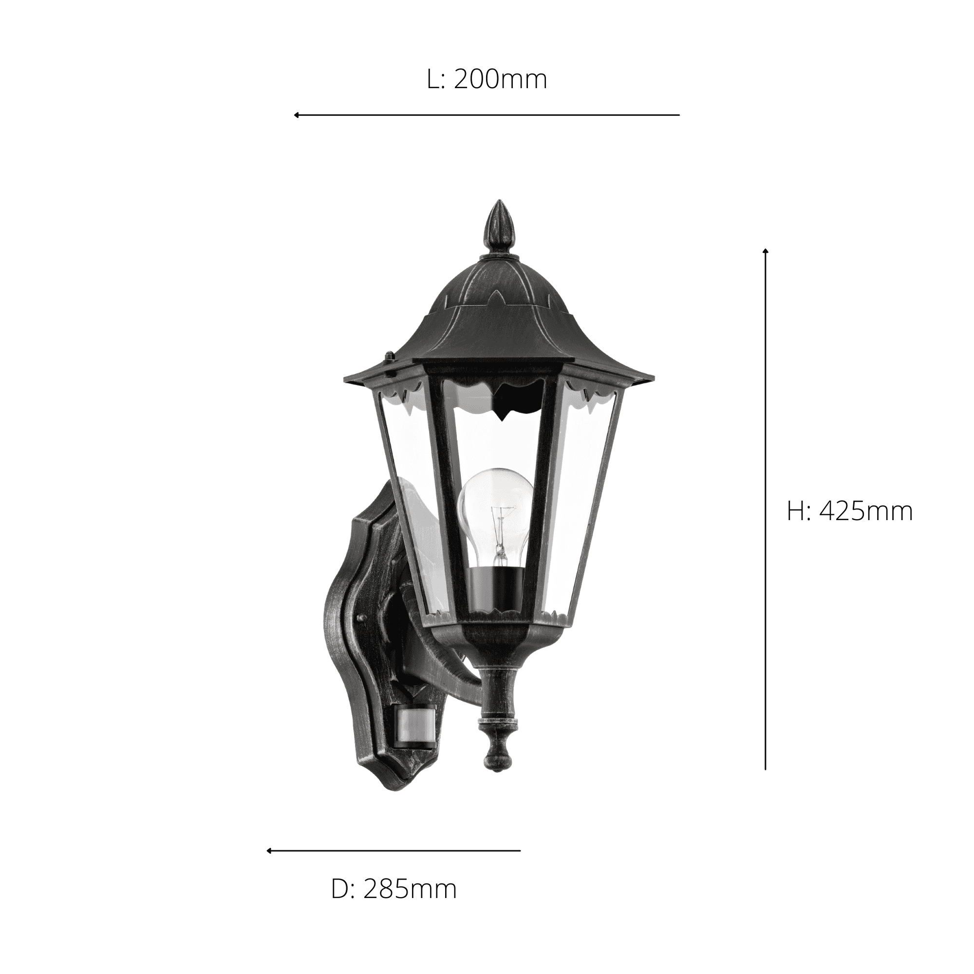 93458 Navedo 1-Light Traditional Black And Silver Exterior Wall Lamp With Sensor