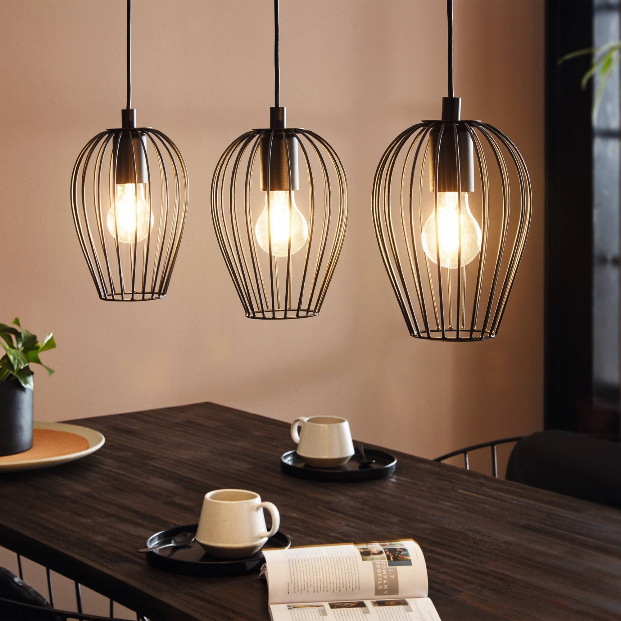 49478 Newtown Vintage 3-Light Pendant With Black Caged Shades