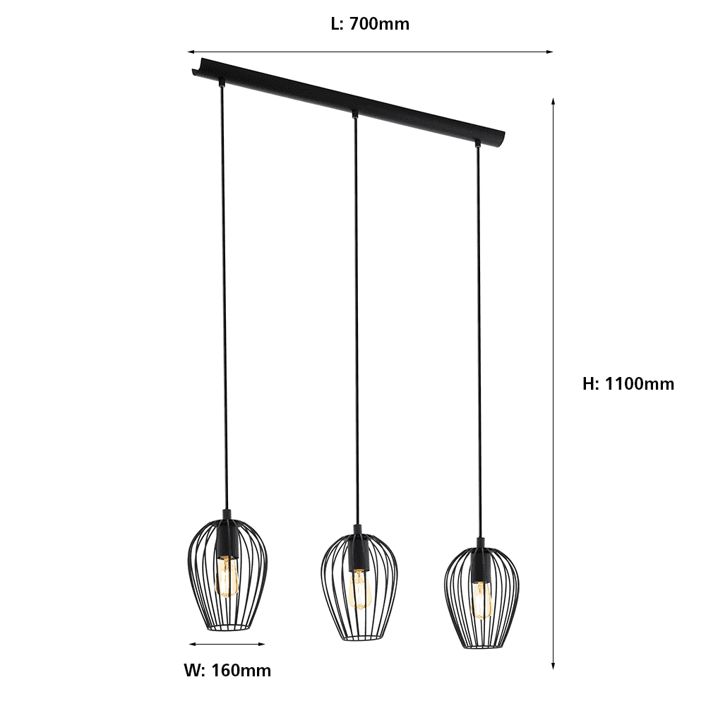 49478 Newtown Vintage 3-Light Pendant With Black Caged Shades