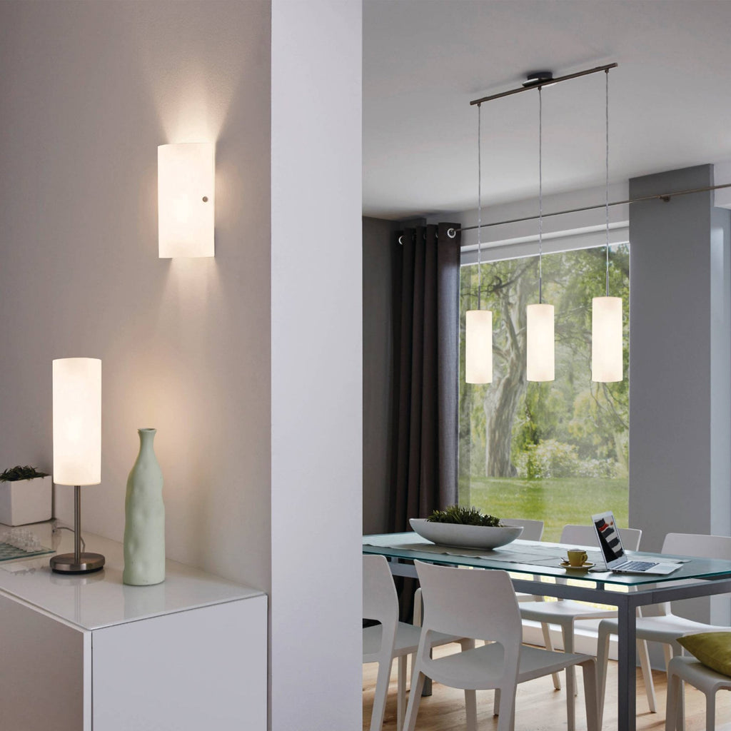 85978 TROY 3 Satin Nickel And White Glass And 3 Light Ceiling Pendant