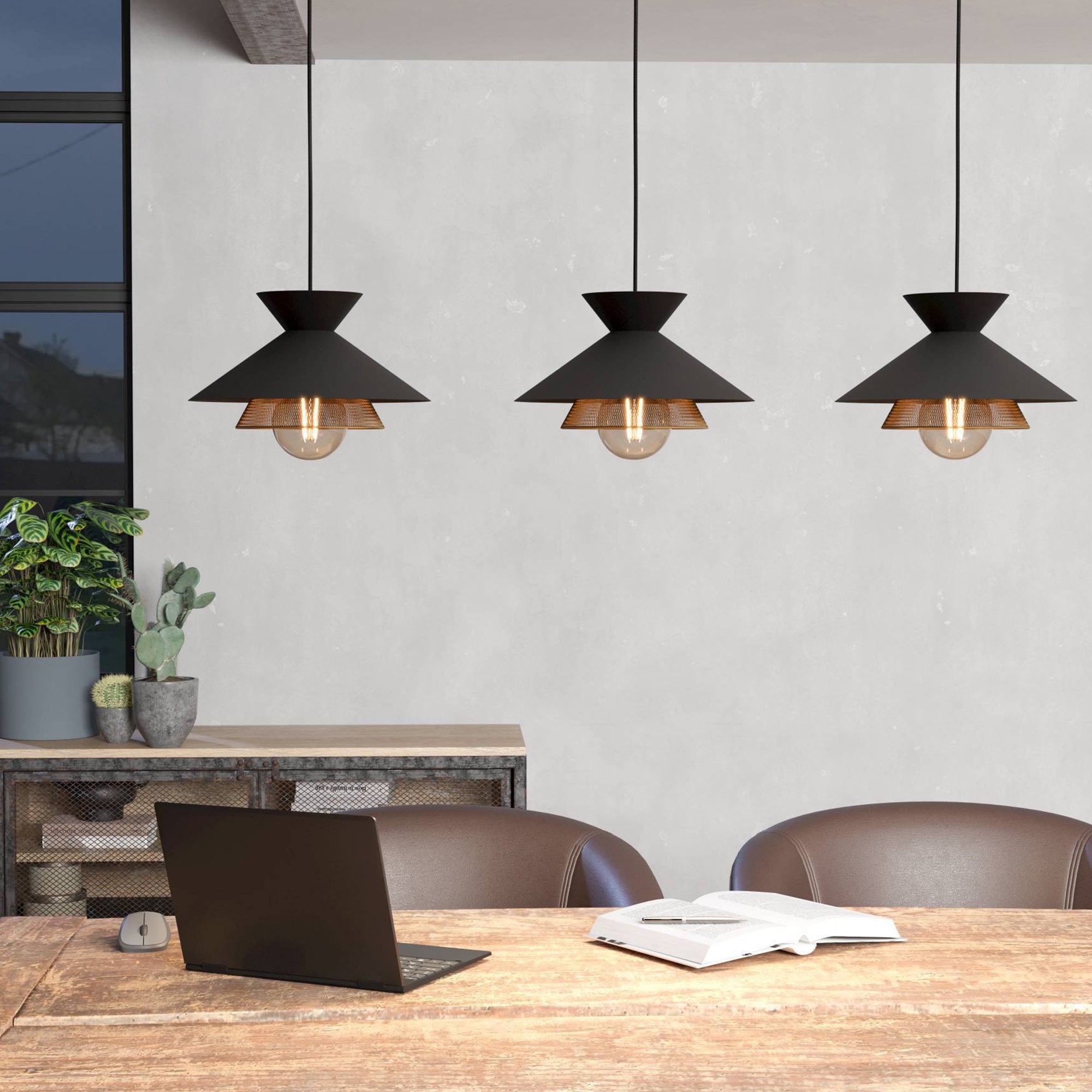 43886 Grizedale Black & Brass 3-light Pendant