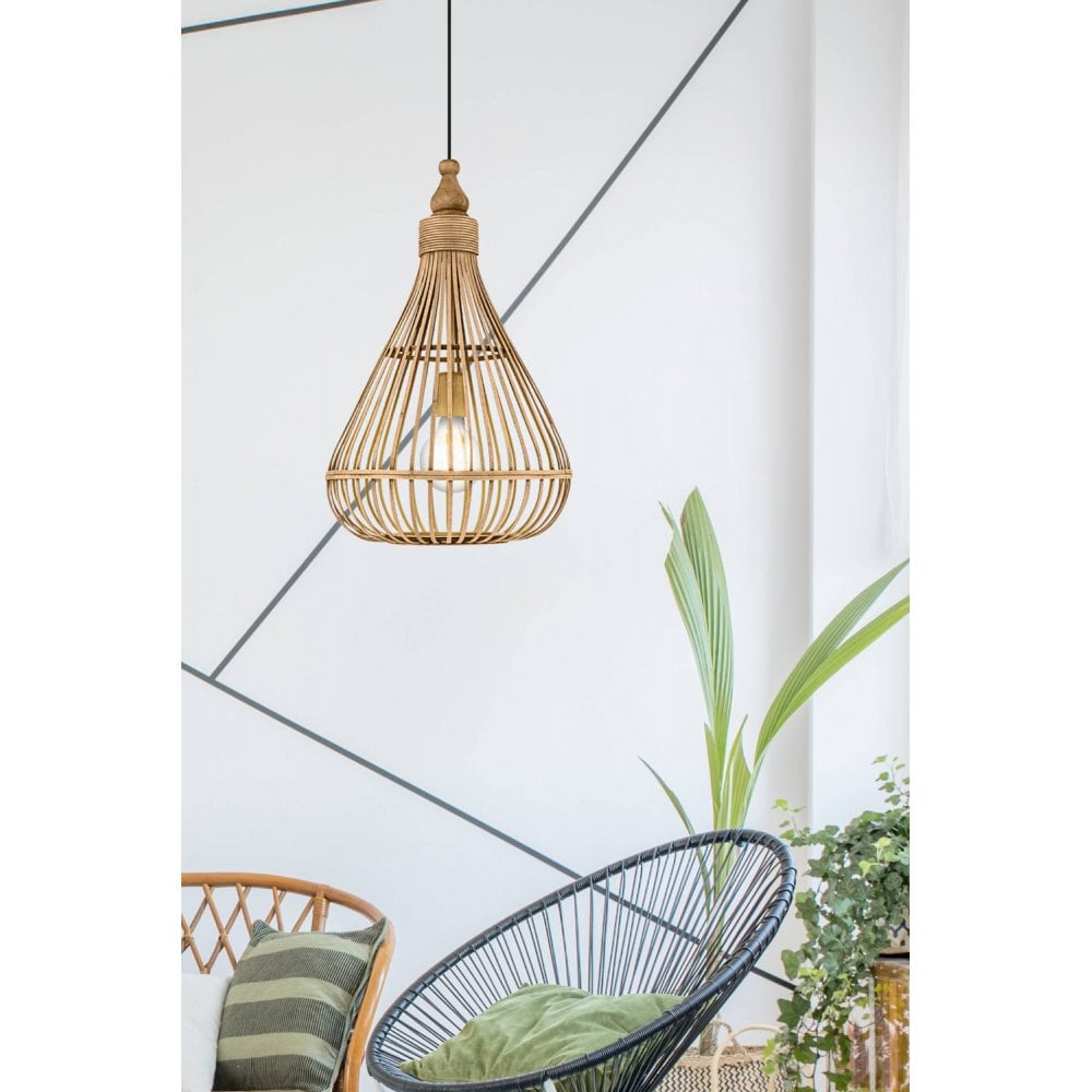 49772 Amsfield 1-Light Caged Teardrop Rattan Single Pendant
