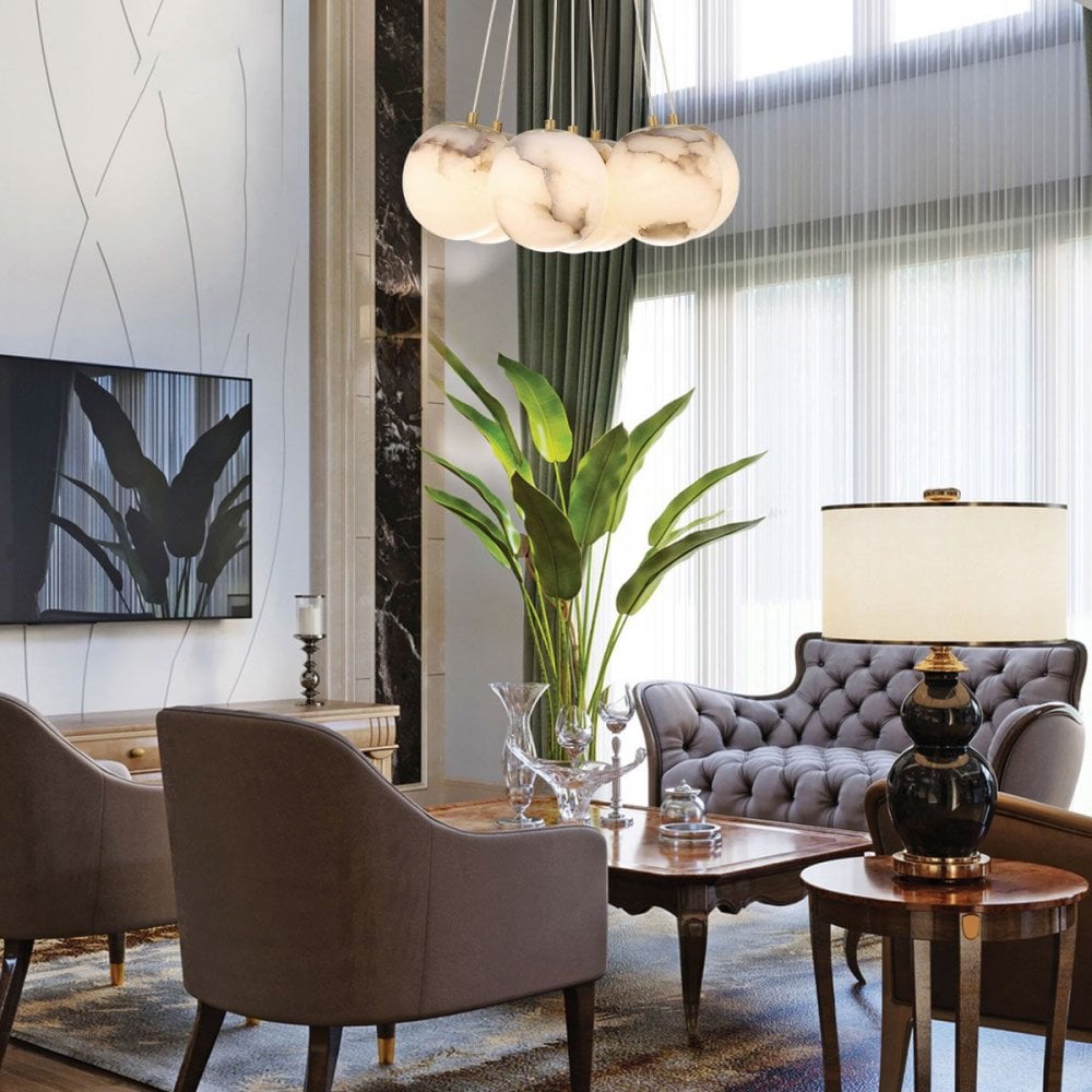 QN-KEPLER-7P-BG Kepler 7 Light LED Alabaster Cluster Pendant Brushed Gold
