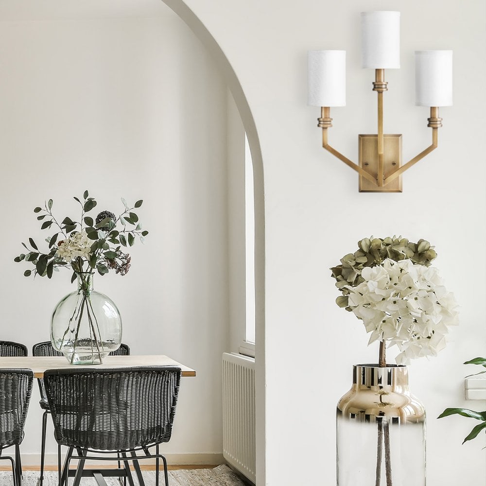 HK-MOORE-WB3-HB Moore 3 Light Wall Light Heritage Brass with Ivory Linen Shade