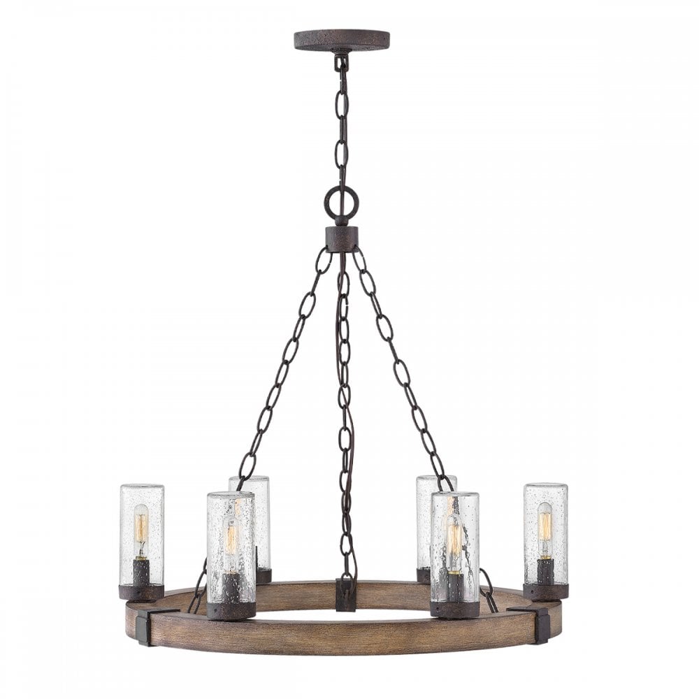 HK-SAWYER6-SQ Sawyer 6 Light Outdoor Chandelier Sequoia wood effect with rust Iron accents & Clear seeded glass