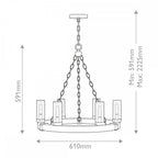 HK-SAWYER6-SQ Sawyer 6 Light Outdoor Chandelier Sequoia wood effect with rust Iron accents & Clear seeded glass