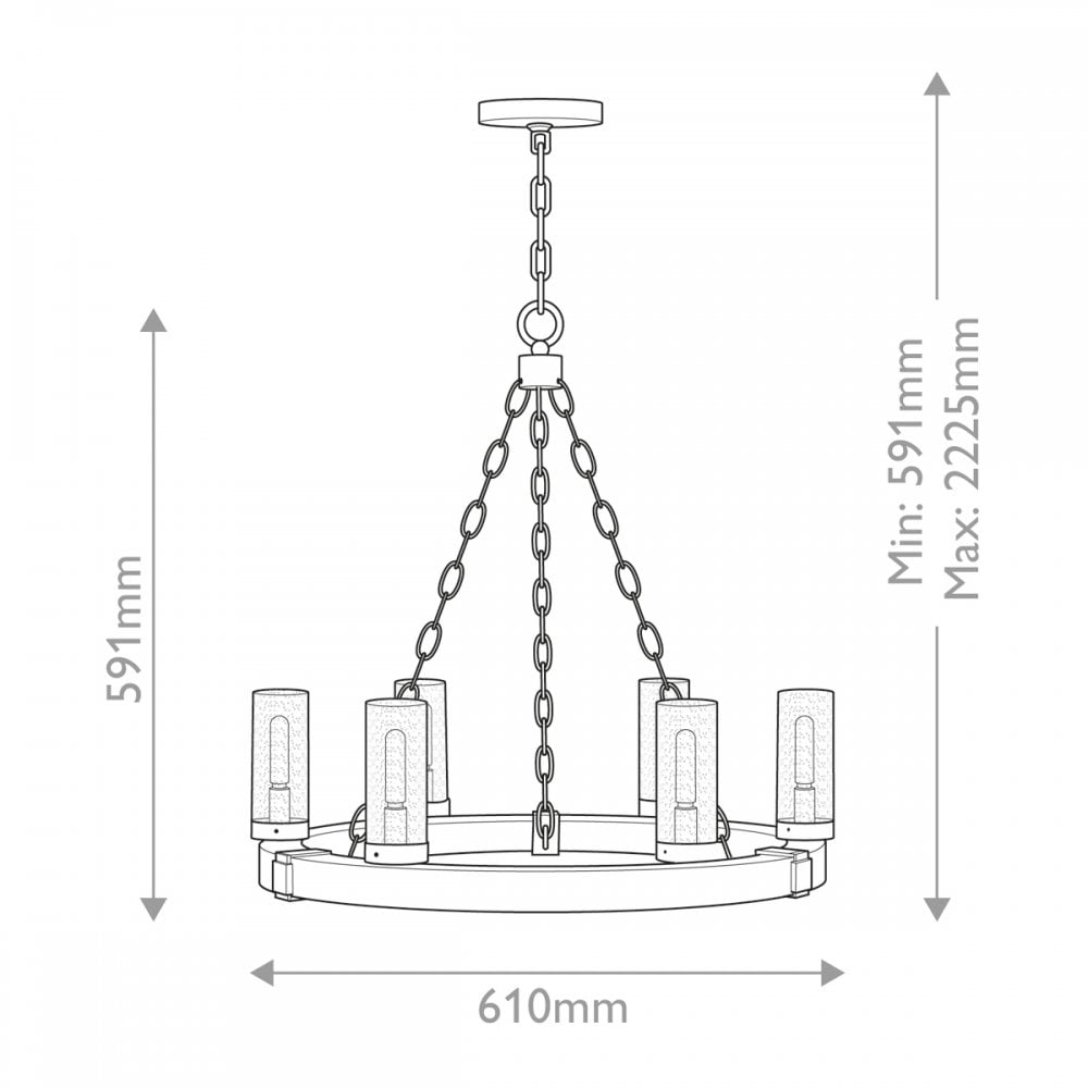 HK-SAWYER6-SQ Sawyer 6 Light Outdoor Chandelier Sequoia wood effect with rust Iron accents & Clear seeded glass