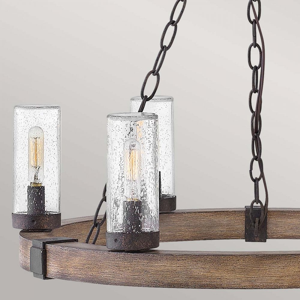 HK-SAWYER6-SQ Sawyer 6 Light Outdoor Chandelier Sequoia wood effect with rust Iron accents & Clear seeded glass