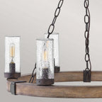 HK-SAWYER6-SQ Sawyer 6 Light Outdoor Chandelier Sequoia wood effect with rust Iron accents & Clear seeded glass