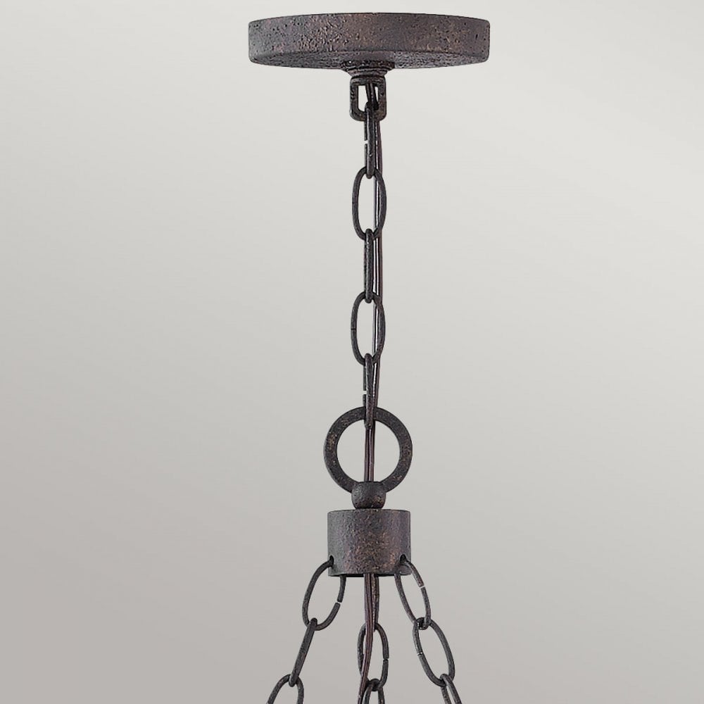 HK-SAWYER6-SQ Sawyer 6 Light Outdoor Chandelier Sequoia wood effect with rust Iron accents & Clear seeded glass