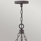 HK-SAWYER6-SQ Sawyer 6 Light Outdoor Chandelier Sequoia wood effect with rust Iron accents & Clear seeded glass