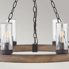 HK-SAWYER6-SQ Sawyer 6 Light Outdoor Chandelier Sequoia wood effect with rust Iron accents & Clear seeded glass