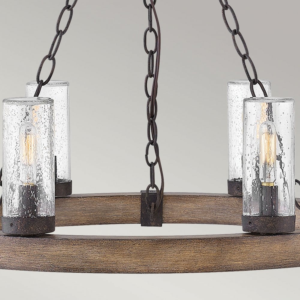HK-SAWYER6-SQ Sawyer 6 Light Outdoor Chandelier Sequoia wood effect with rust Iron accents & Clear seeded glass