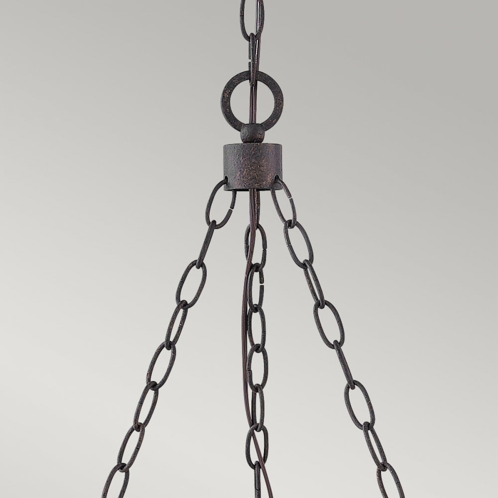 HK-SAWYER6-SQ Sawyer 6 Light Outdoor Chandelier Sequoia wood effect with rust Iron accents & Clear seeded glass