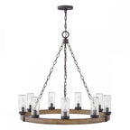 HK-SAWYER9-SQ Sawyer 9 Light Outdoor Chandelier Sequoia wood effect with rust Iron accents & Clear seeded glass