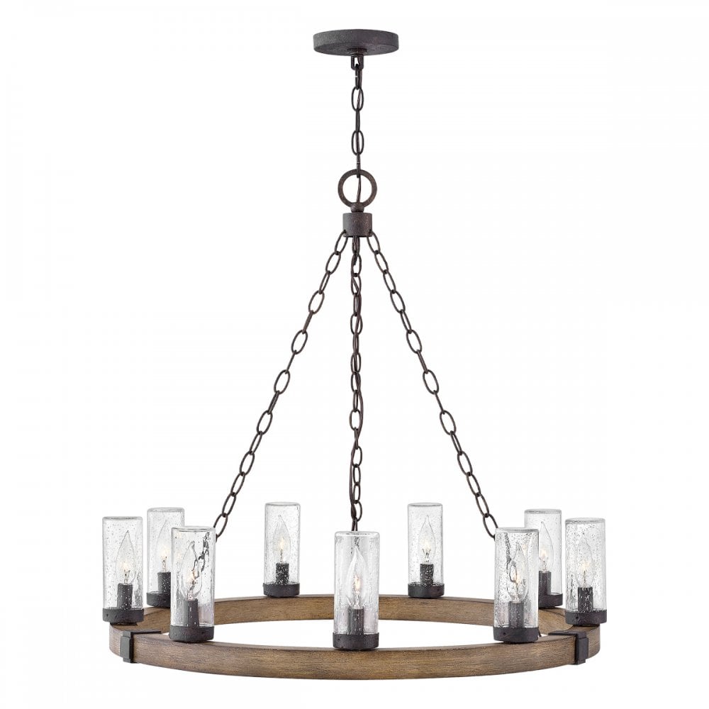 HK-SAWYER9-SQ Sawyer 9 Light Outdoor Chandelier Sequoia wood effect with rust Iron accents & Clear seeded glass