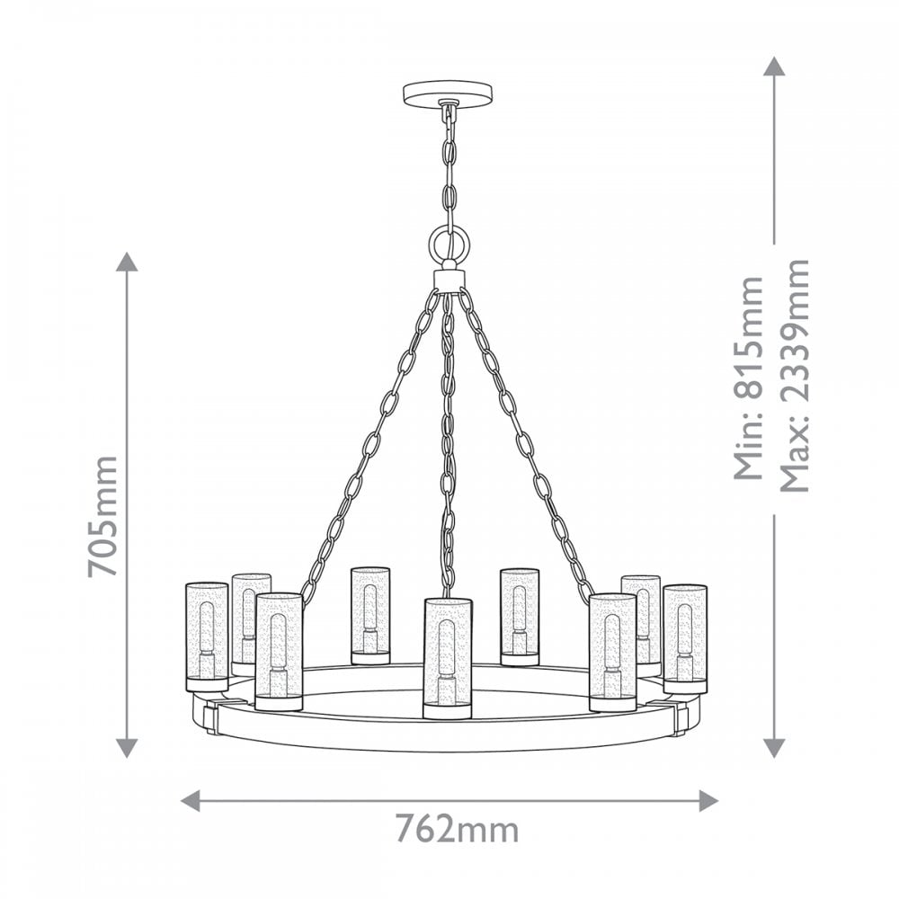 HK-SAWYER9-SQ Sawyer 9 Light Outdoor Chandelier Sequoia wood effect with rust Iron accents & Clear seeded glass