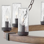 HK-SAWYER9-SQ Sawyer 9 Light Outdoor Chandelier Sequoia wood effect with rust Iron accents & Clear seeded glass
