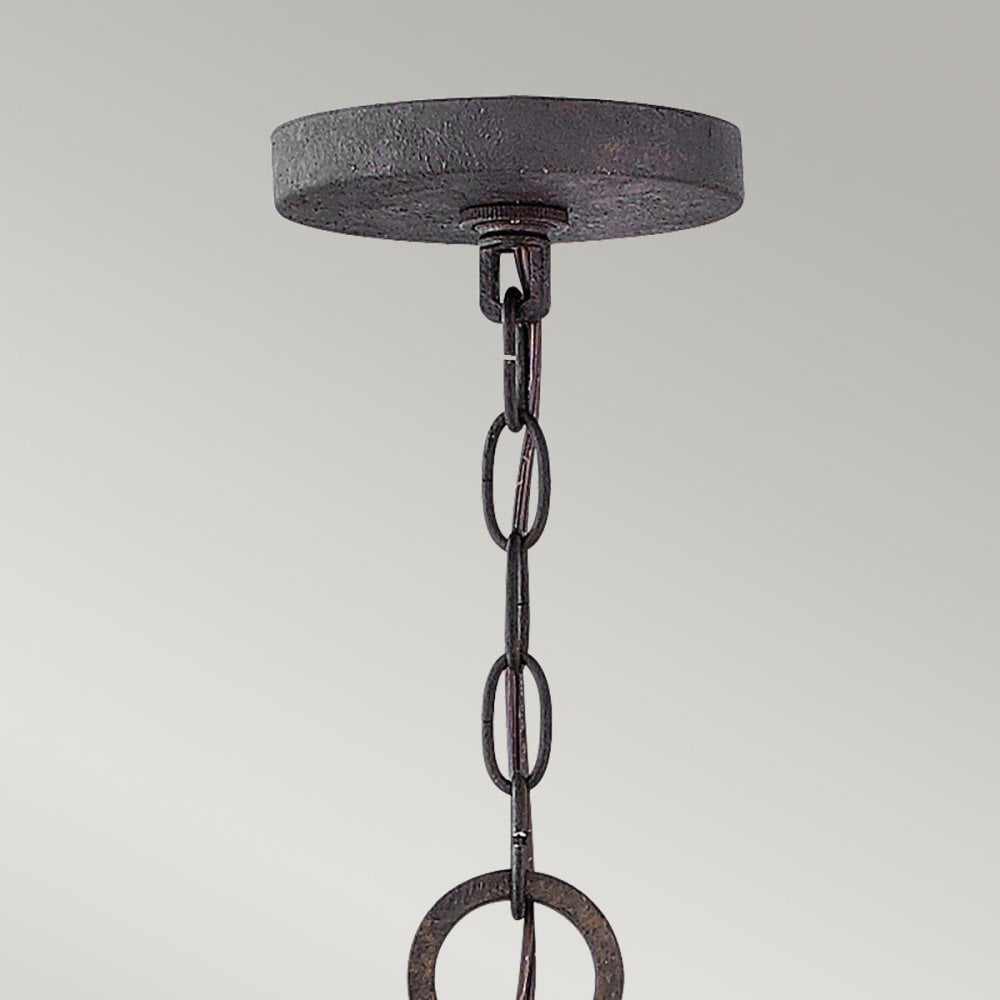 HK-SAWYER9-SQ Sawyer 9 Light Outdoor Chandelier Sequoia wood effect with rust Iron accents & Clear seeded glass