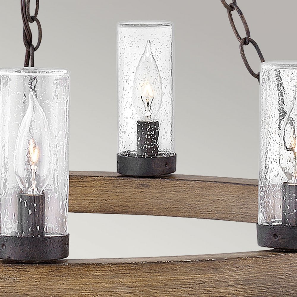 HK-SAWYER9-SQ Sawyer 9 Light Outdoor Chandelier Sequoia wood effect with rust Iron accents & Clear seeded glass