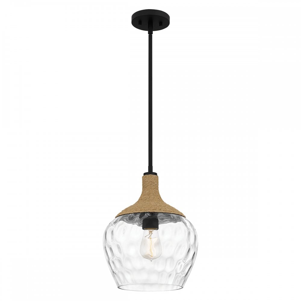 QZ-ROYER-1P-MBK Royer 1 Light Pendant Matte Black with natural rope detail and clear mottled blown glass shade