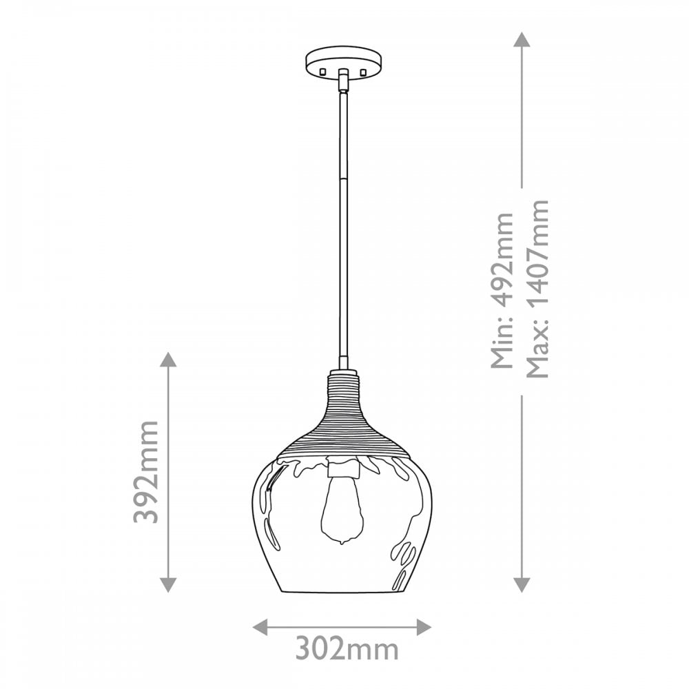 QZ-ROYER-1P-MBK Royer 1 Light Pendant Matte Black with natural rope detail and clear mottled blown glass shade