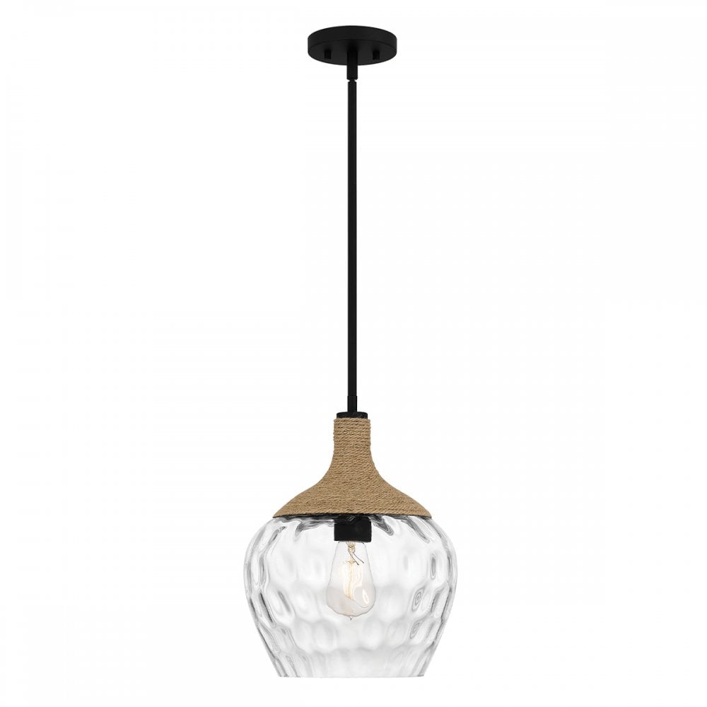 QZ-ROYER-1P-MBK Royer 1 Light Pendant Matte Black with natural rope detail and clear mottled blown glass shade