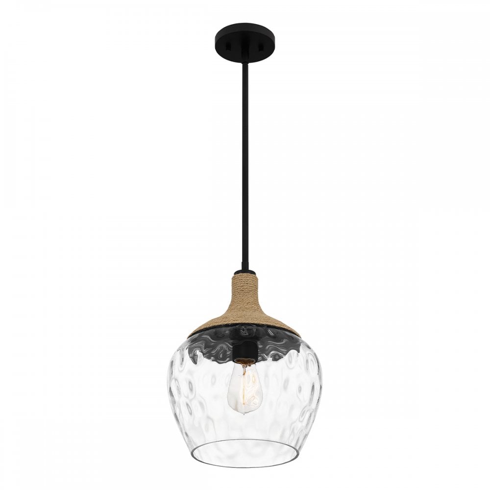 QZ-ROYER-1P-MBK Royer 1 Light Pendant Matte Black with natural rope detail and clear mottled blown glass shade