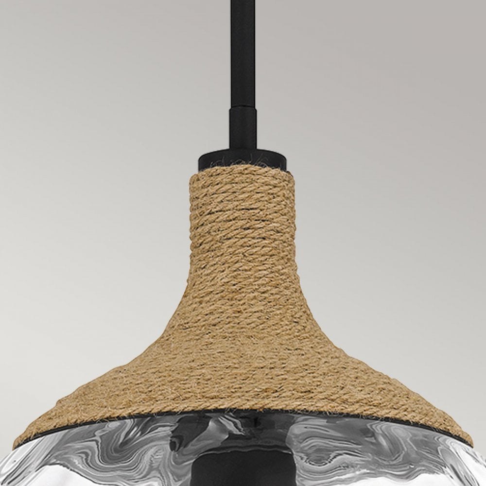 QZ-ROYER-1P-MBK Royer 1 Light Pendant Matte Black with natural rope detail and clear mottled blown glass shade