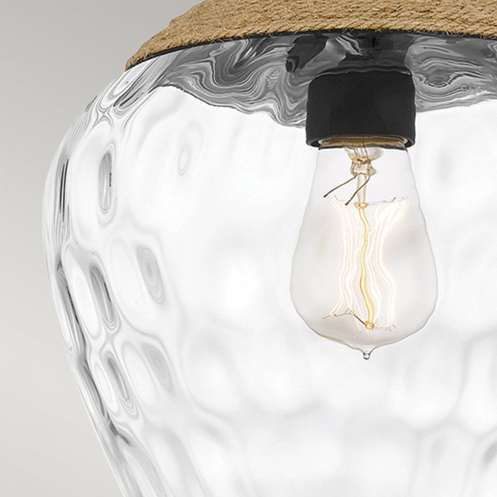 QZ-ROYER-1P-MBK Royer 1 Light Pendant Matte Black with natural rope detail and clear mottled blown glass shade