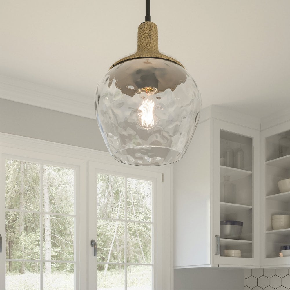 QZ-ROYER-1P-MBK Royer 1 Light Pendant Matte Black with natural rope detail and clear mottled blown glass shade