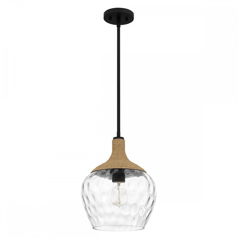 QZ-ROYER-1P-MBK Royer 1 Light Pendant Matte Black with natural rope detail and clear mottled blown glass shade