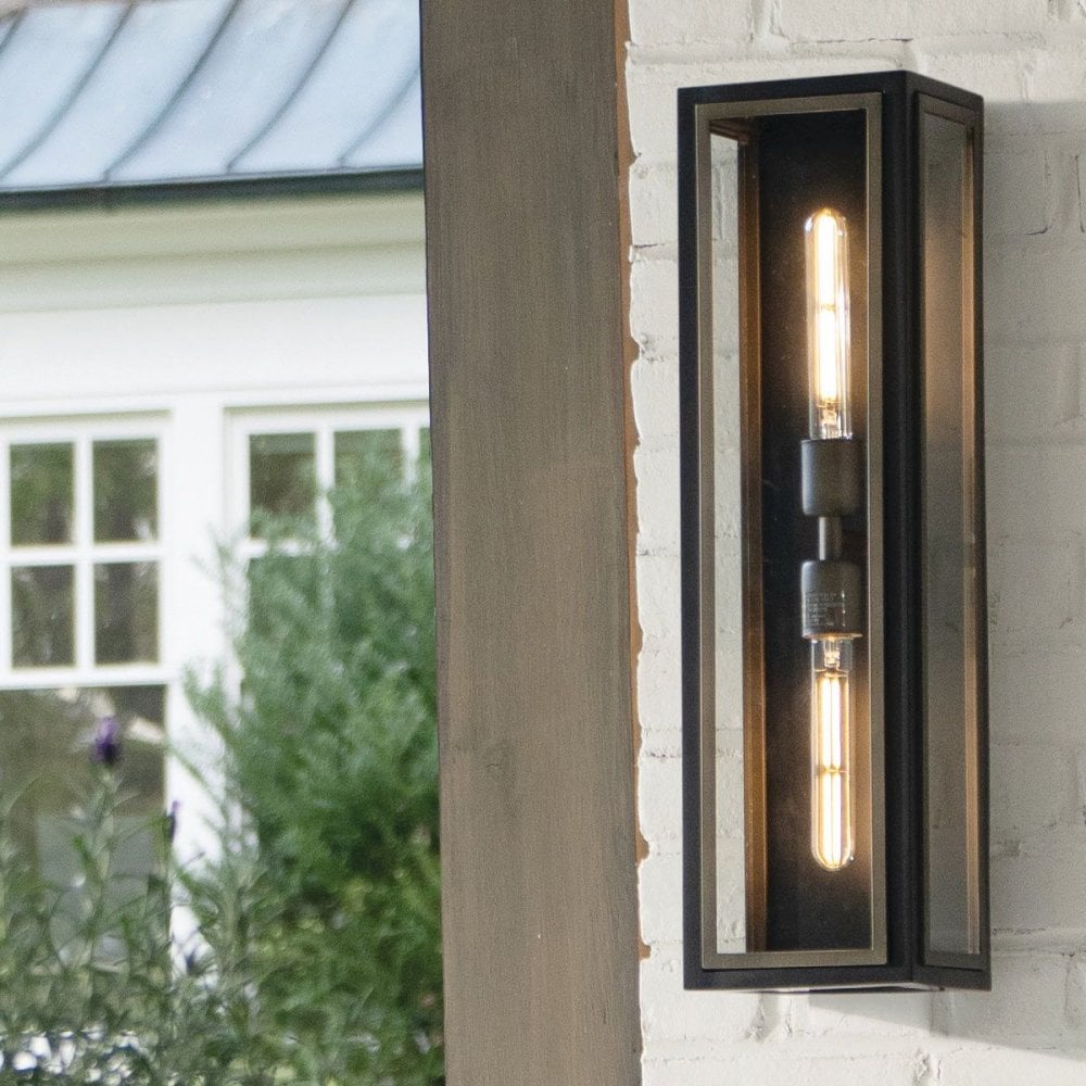 QN-SHAW-2M-BK Shaw 2 Light Outdoor Wall Lantern Black with Burnished Bronze accents