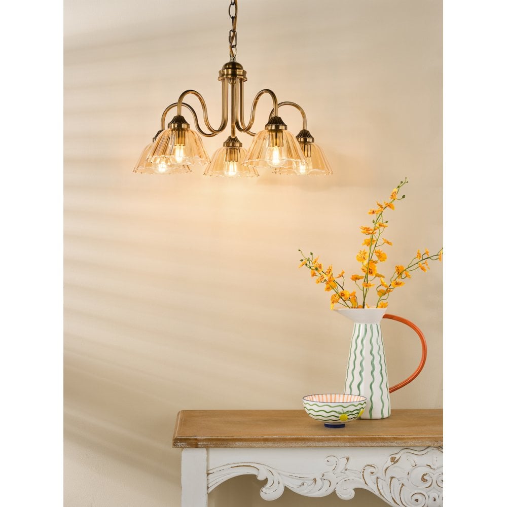 ERI0563 Erika 5 Light Pendant Antique Bronze and Amber Glass