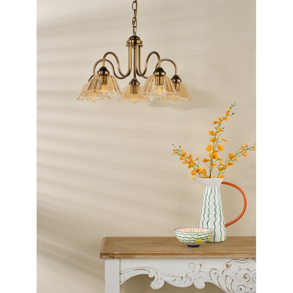 ERI0563 Erika 5 Light Pendant Antique Bronze and Amber Glass