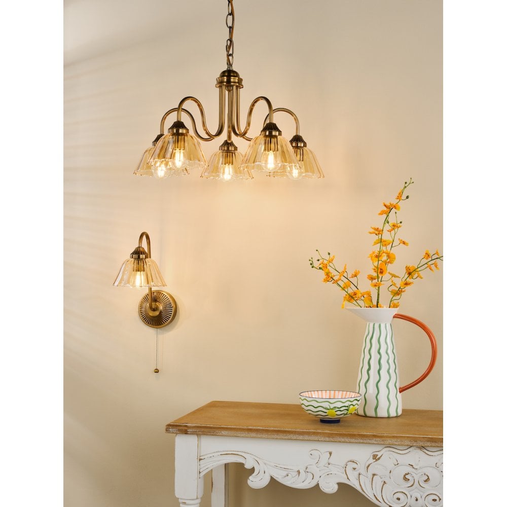 ERI0563 Erika 5 Light Pendant Antique Bronze and Amber Glass