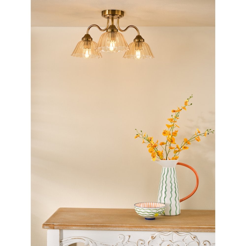 ERI5363 Erika 3 Light Semi-Flush Antique Bronze and Amber Glass